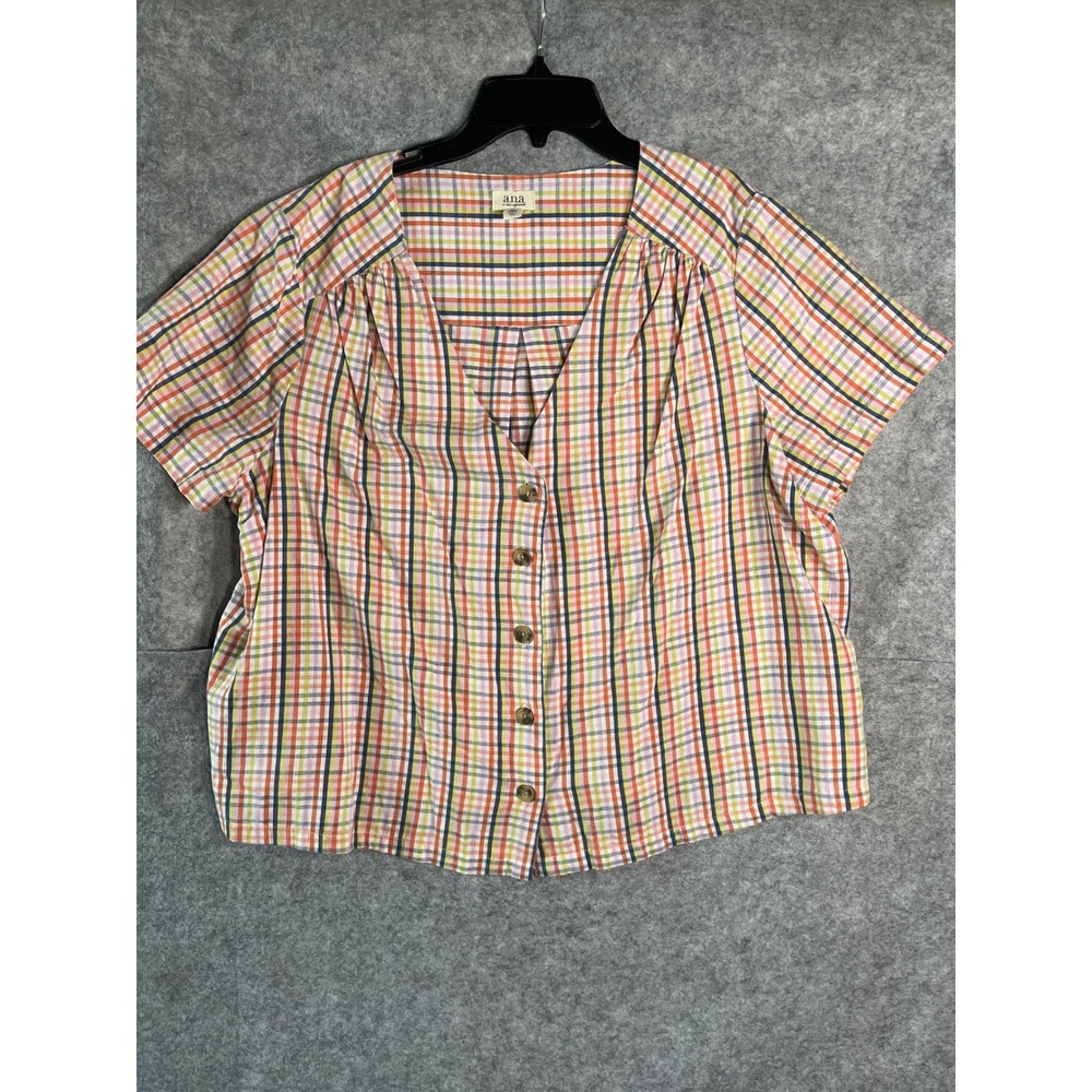 ANA A New Approach Womens 0X Plaid Button Front V-Neck Blouse Multi-Color Top